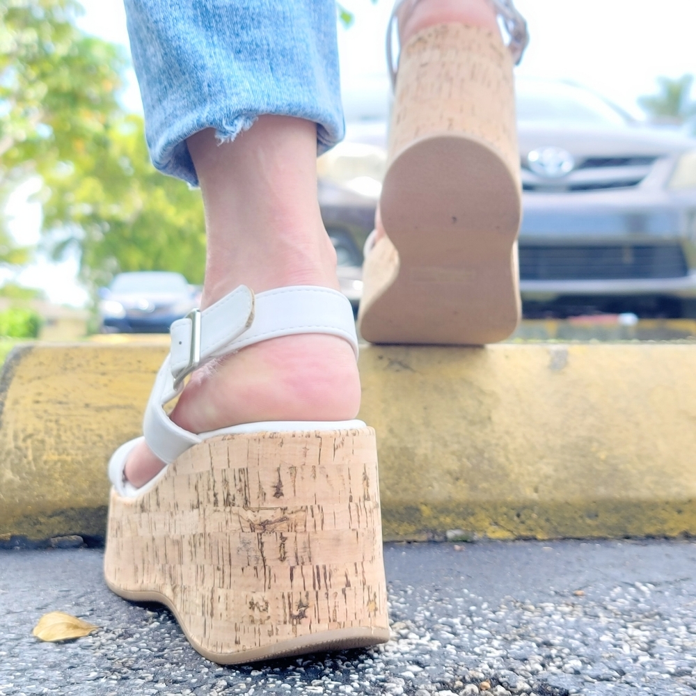 Women's High Platform Ankle Strap Wedge White Color - Picture 5 of 5